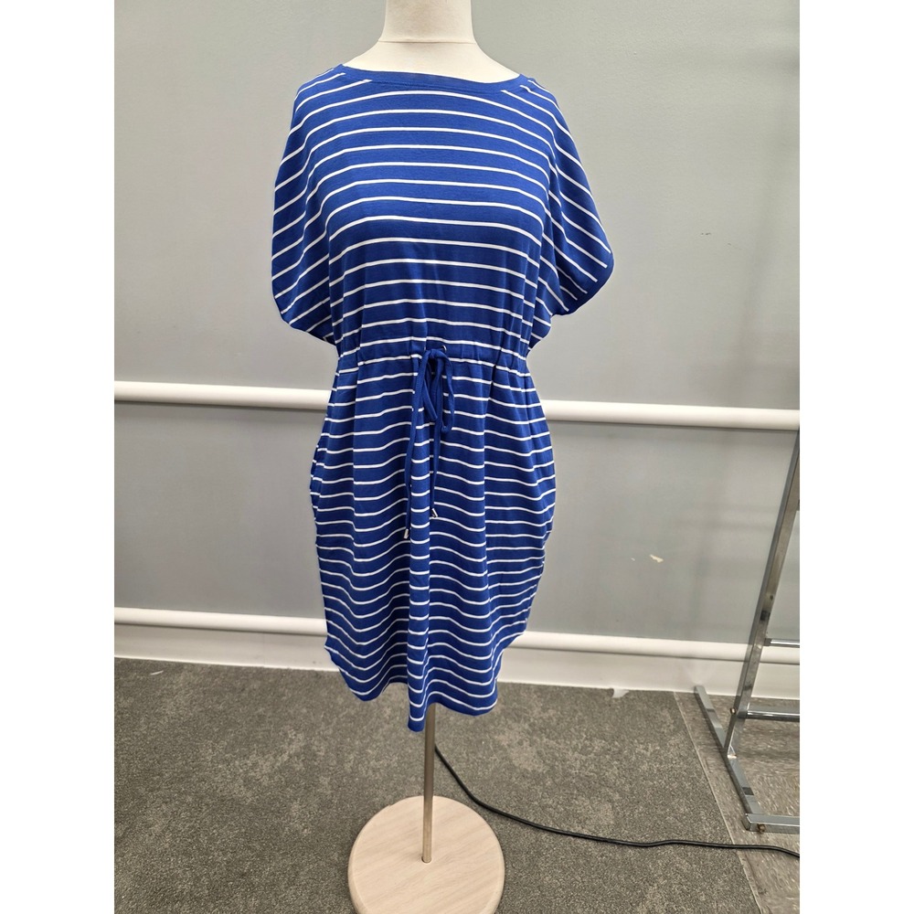 Rafaella Womens XL Blue White Striped Drawstring Waist Pocket Knit Dress NEW